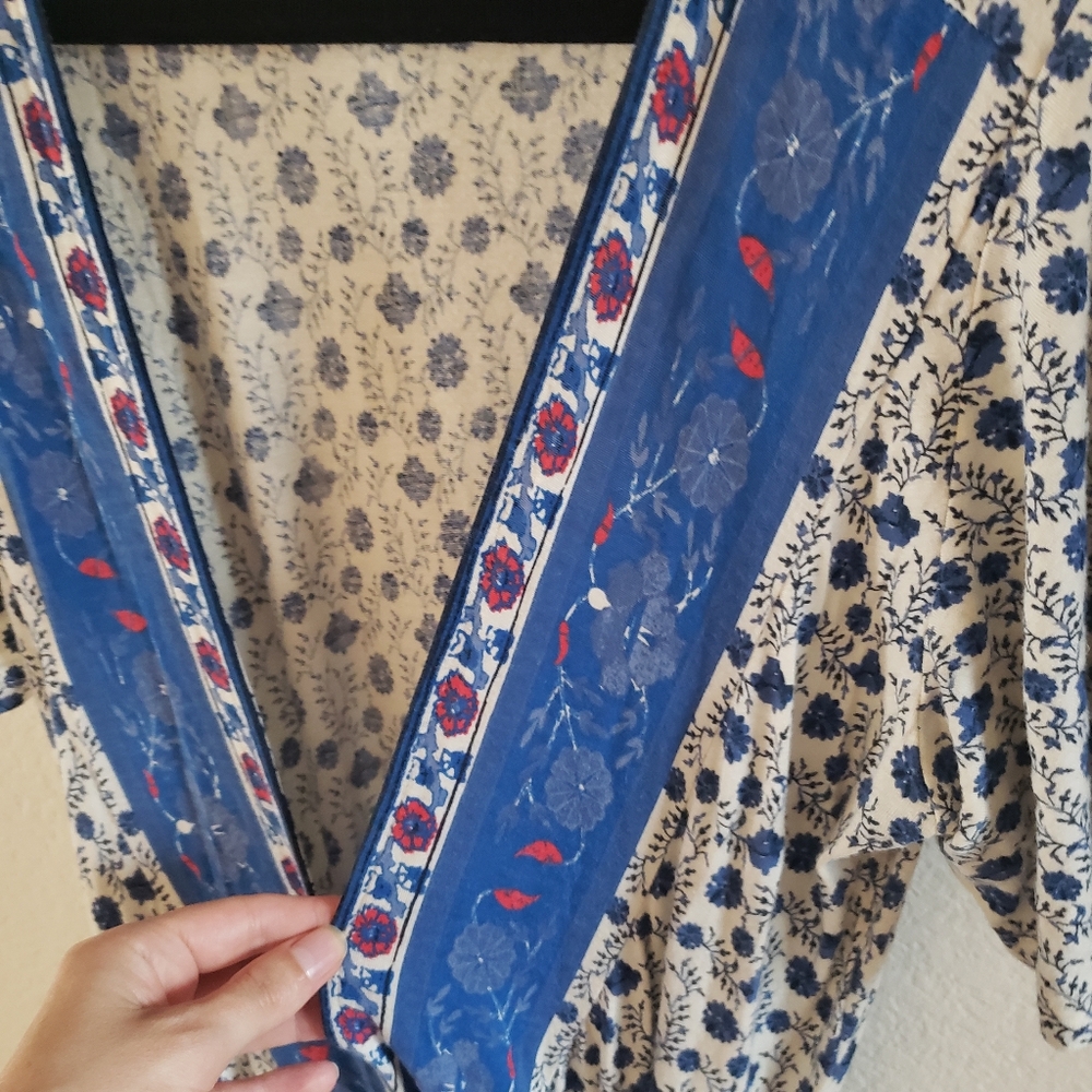 Lucky Brand Border Print Blue White and Red Midi Wrap Dress Small - Picture 5 of 9